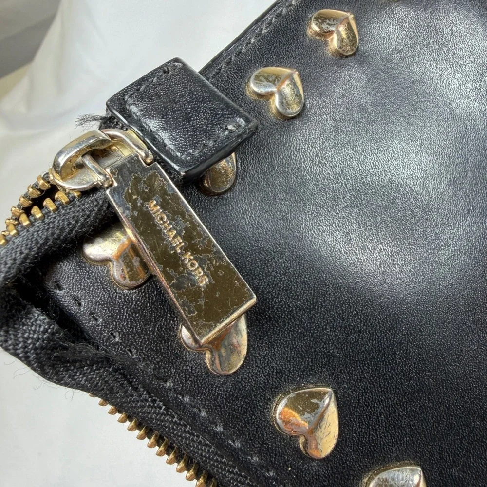 Michael Kors Heart Studded Clutch Bag Women Small Black Leather Gold Tone Zip